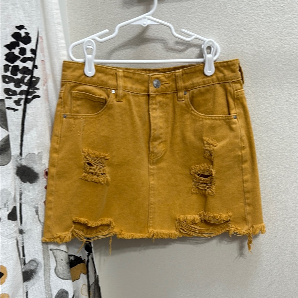 Women’s PacSun Distressed Mustard Yellow Jean Skirt. Size 27.